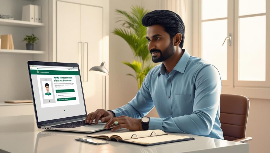 Man applying online for Pradhan Mantri Awas Yojana 2025 on laptop